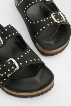 Sandals*boohoo Wide Fit Studded Double Buckle Footbed Sliders black