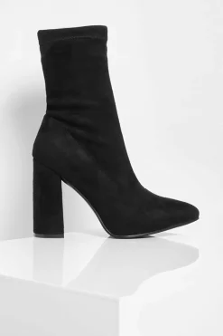 Heels|Heeled Boots*boohoo Wide Fit Suedette Pointed Block Heel Sock Boots black