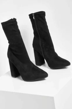 Heels|Heeled Boots*boohoo Wide Fit Suedette Pointed Block Heel Sock Boots black
