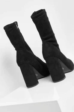 Heels|Heeled Boots*boohoo Wide Fit Suedette Pointed Block Heel Sock Boots black
