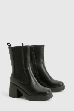 Calf High Boots|Chunky Boots*boohoo Wide Fit Tab Detail Chunky Calf High Boots black
