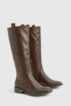 Over The Knee Boots|Knee High Boots*boohoo Wide Fit Tab Detail Knee High Boot brown