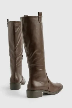 Over The Knee Boots|Knee High Boots*boohoo Wide Fit Tab Detail Knee High Boot brown
