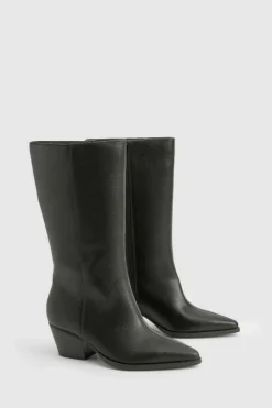Heels|Calf High Boots*boohoo Wide Fit Textured Low Block Calf High Western Boots black