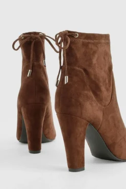 Heels|Heeled Boots*boohoo Wide Fit Tie Back Block Heel Sock Boots chocolate