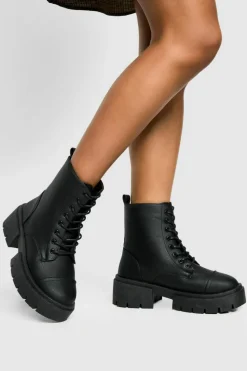 Chunky Boots|Biker Boots*boohoo Wide Fit Toe Cap Detail Chunky Hiker Boots black
