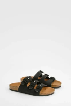 Sandals*boohoo Wide Fit Triple Strap Footbed Sliders black