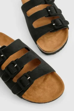 Sandals*boohoo Wide Fit Triple Strap Footbed Sliders black