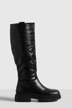 Over The Knee Boots|Knee High Boots*boohoo Wide Fit Wave Sole Knee High Boots black