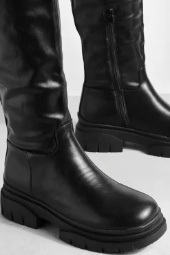 Over The Knee Boots|Knee High Boots*boohoo Wide Fit Wave Sole Knee High Boots black