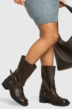 Cowboy Boots*boohoo Wide Fit Western Style Buckle Detail Boots brown