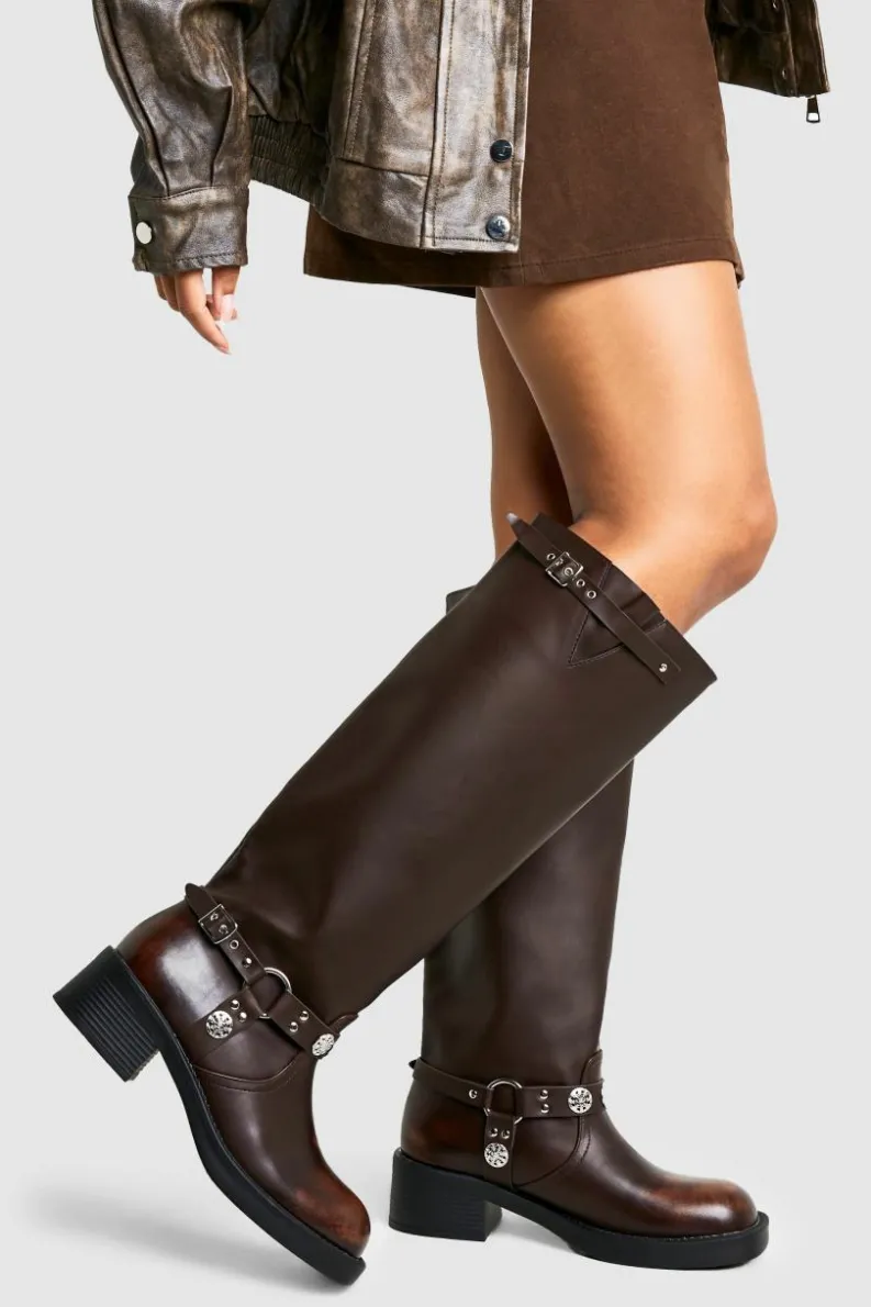 Cowboy Boots|All Boots*boohoo Wide Fit Western Style Buckle Detail Knee High Boots brown