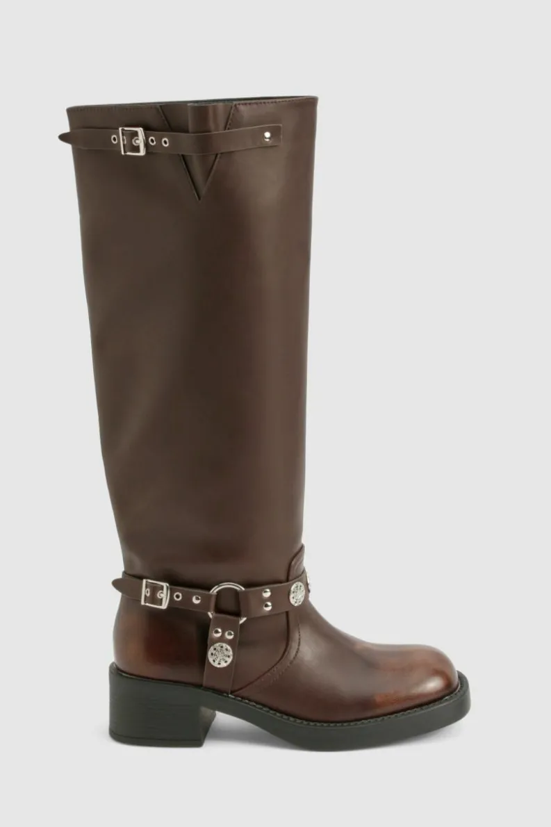 Cowboy Boots|All Boots*boohoo Wide Fit Western Style Buckle Detail Knee High Boots brown