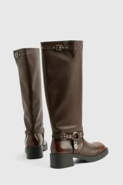 Cowboy Boots|All Boots*boohoo Wide Fit Western Style Buckle Detail Knee High Boots brown