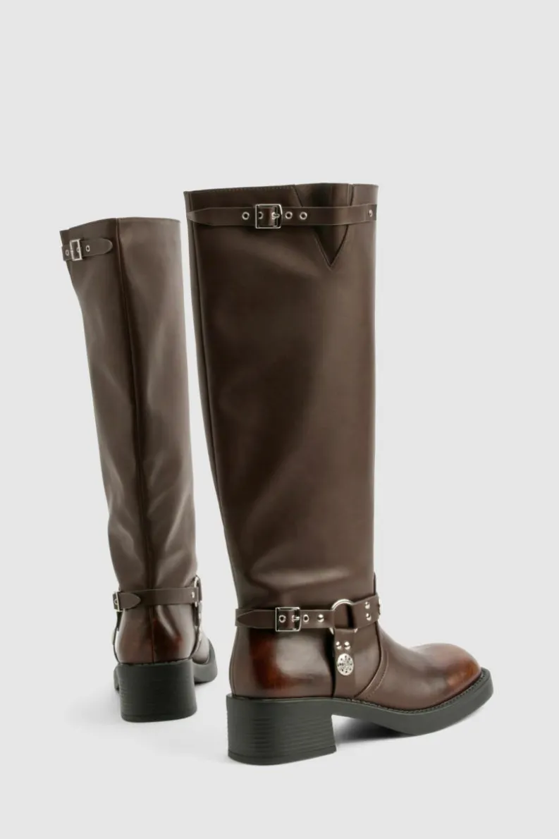 Cowboy Boots|All Boots*boohoo Wide Fit Western Style Buckle Detail Knee High Boots brown