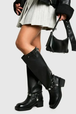 Cowboy Boots|All Boots*boohoo Wide Fit Western Style Buckle Detail Knee High Boots black