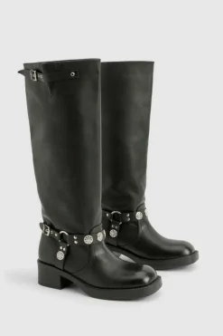 Cowboy Boots|All Boots*boohoo Wide Fit Western Style Buckle Detail Knee High Boots black