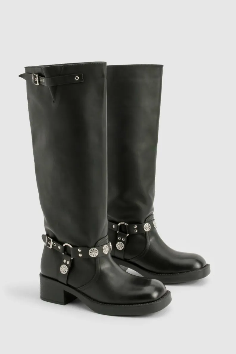 Cowboy Boots|All Boots*boohoo Wide Fit Western Style Buckle Detail Knee High Boots black