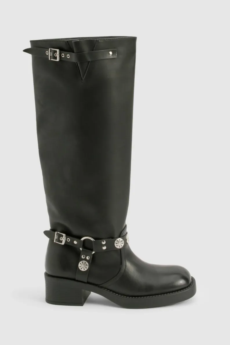 Cowboy Boots|All Boots*boohoo Wide Fit Western Style Buckle Detail Knee High Boots black