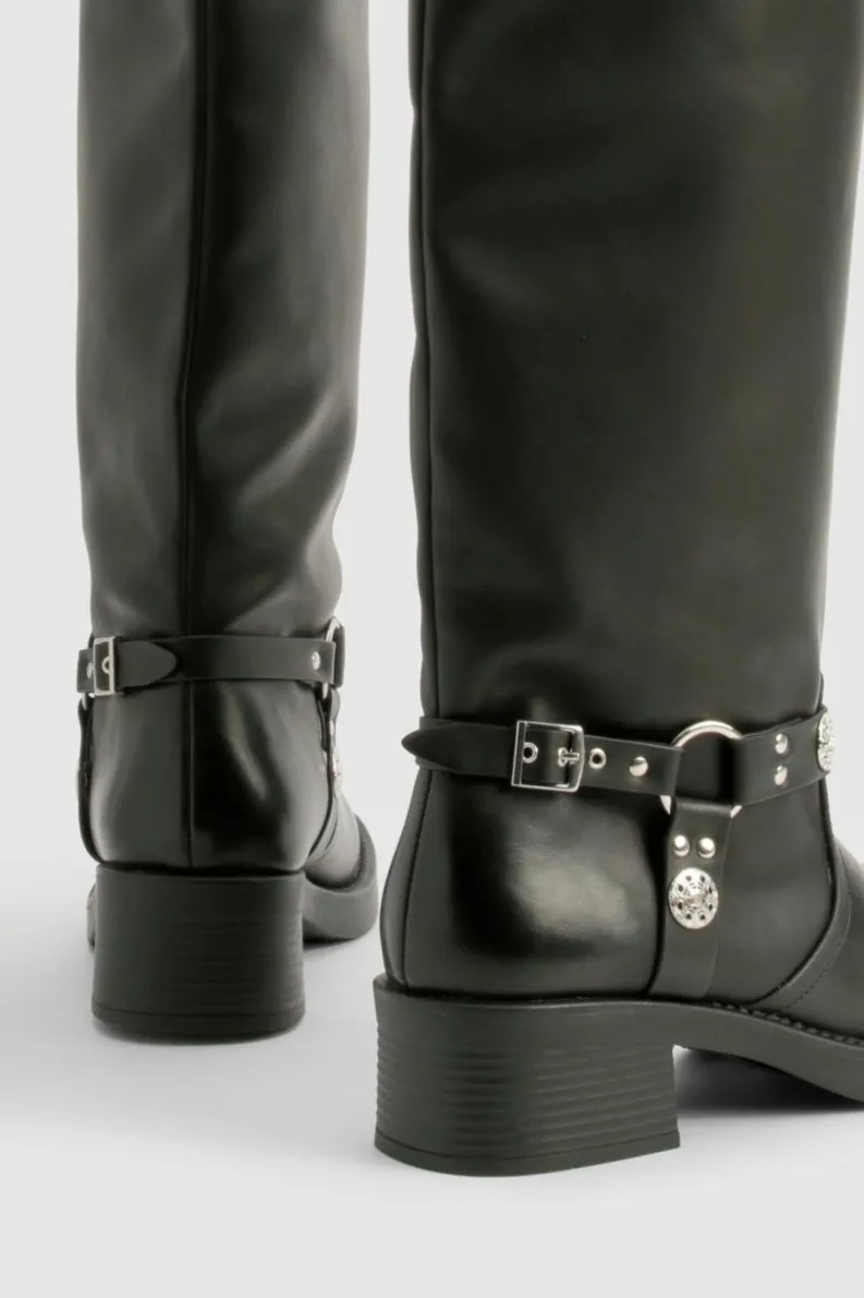 Cowboy Boots|All Boots*boohoo Wide Fit Western Style Buckle Detail Knee High Boots black