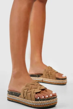 Sandals*boohoo Wide Fit Woven Embellished Flatforms tan