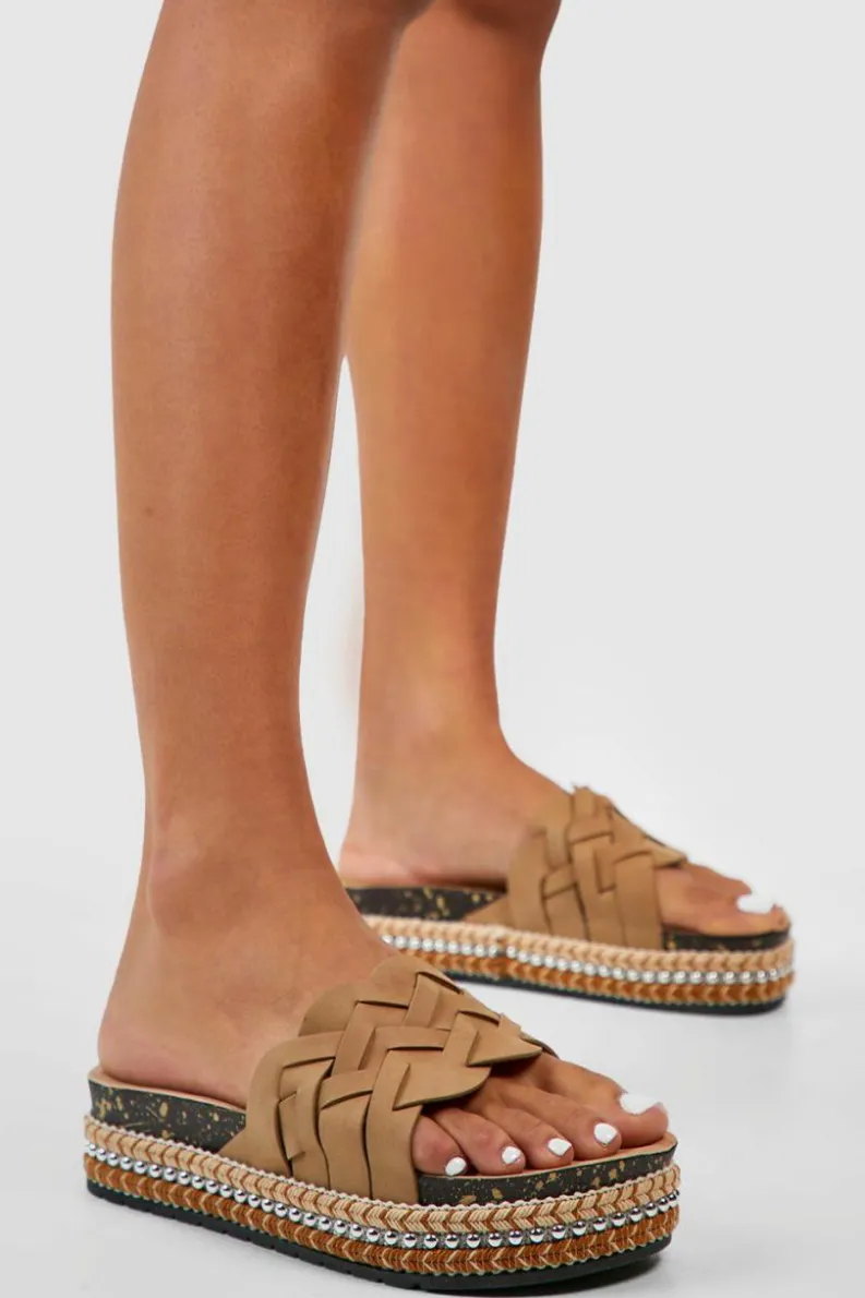 Sandals*boohoo Wide Fit Woven Embellished Flatforms tan