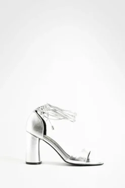 Heels*boohoo Wide Fit Wrap Up Block Heels silver
