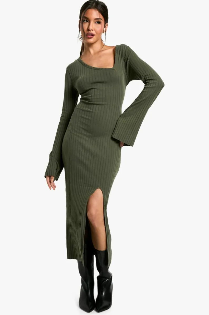 Long Sleeve Dresses|Long Sleeve Dresses*boohoo Wide Rib Asymmetric Neck Midaxi Dress dark olive