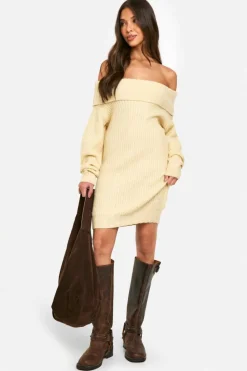 Mini Dresses|Jumper Dresses*boohoo Wide Rib Bardot Neckline Mini Jumper Dress stone