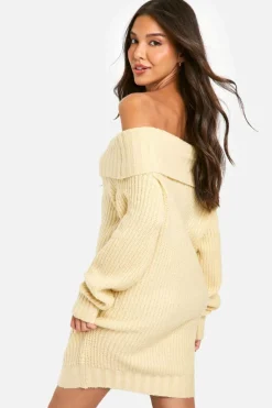Mini Dresses|Jumper Dresses*boohoo Wide Rib Bardot Neckline Mini Jumper Dress stone
