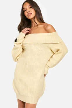 Mini Dresses|Jumper Dresses*boohoo Wide Rib Bardot Neckline Mini Jumper Dress stone