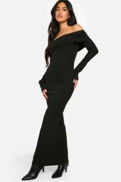 Maxi Dresses*boohoo Wide Rib Bardot Maxi Dress black