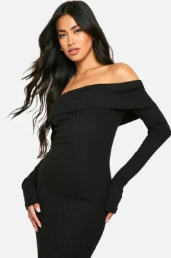 Maxi Dresses*boohoo Wide Rib Bardot Maxi Dress black