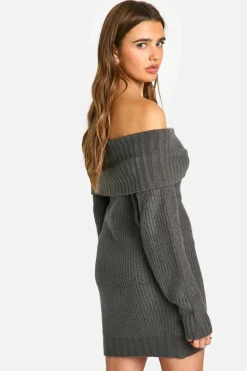 Mini Dresses|Jumper Dresses*boohoo Wide Rib Bardot Neckline Mini Jumper Dress charcoal