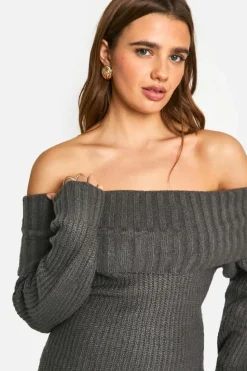 Mini Dresses|Jumper Dresses*boohoo Wide Rib Bardot Neckline Mini Jumper Dress charcoal
