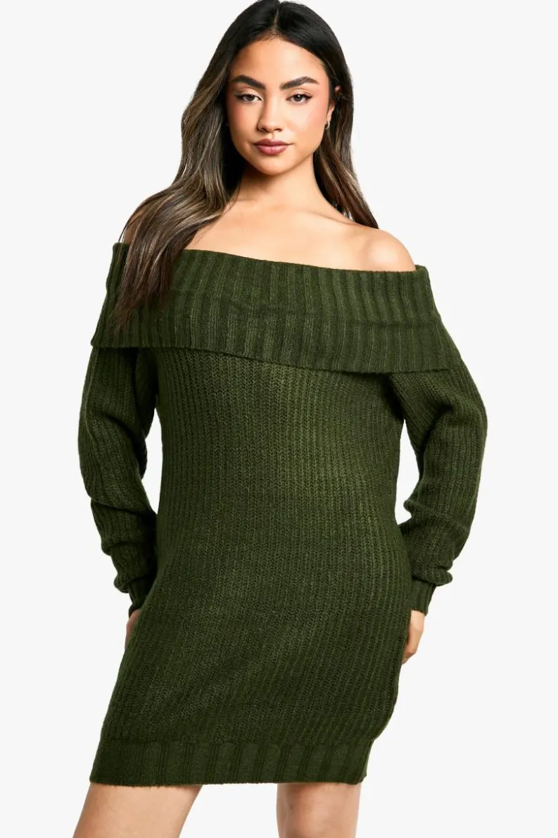 Jumper Dresses|Jumper Dresses*boohoo Wide Rib Bardot Neckline Mini Jumper Dress forest