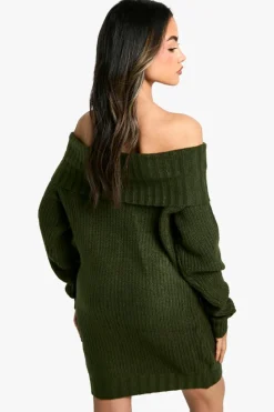 Jumper Dresses|Jumper Dresses*boohoo Wide Rib Bardot Neckline Mini Jumper Dress forest