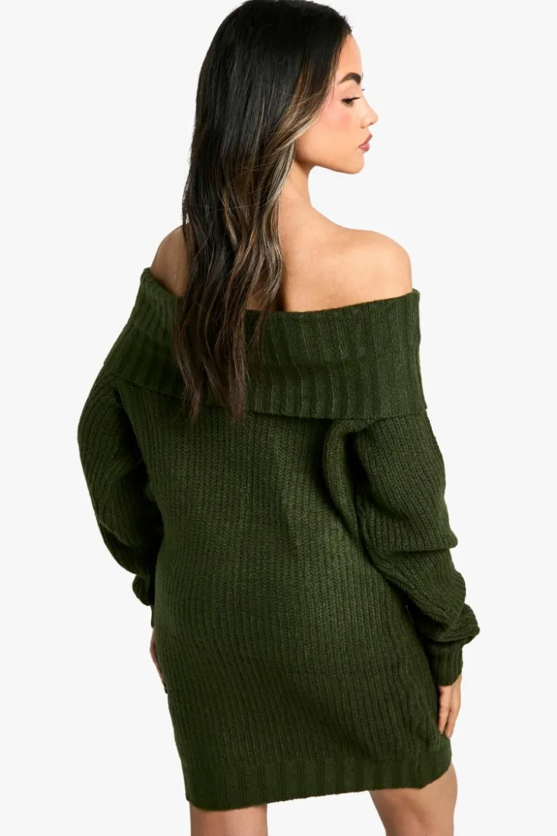 Jumper Dresses|Jumper Dresses*boohoo Wide Rib Bardot Neckline Mini Jumper Dress forest