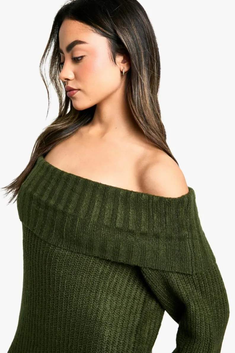 Jumper Dresses|Jumper Dresses*boohoo Wide Rib Bardot Neckline Mini Jumper Dress forest