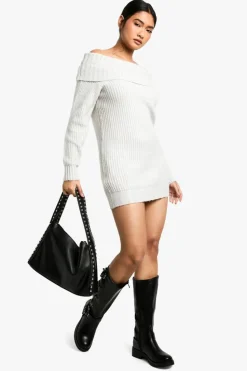 Mini Dresses|Jumper Dresses*boohoo Wide Rib Bardot Neckline Mini Jumper Dress grey