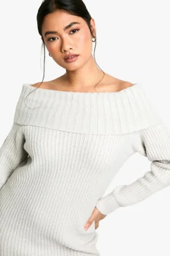 Mini Dresses|Jumper Dresses*boohoo Wide Rib Bardot Neckline Mini Jumper Dress grey