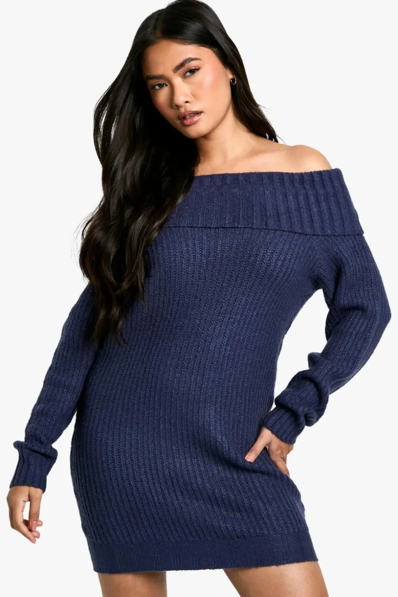 Jumper Dresses|Jumper Dresses*boohoo Wide Rib Bardot Neckline Mini Jumper Dress navy