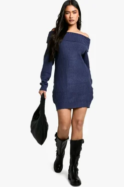 Jumper Dresses|Jumper Dresses*boohoo Wide Rib Bardot Neckline Mini Jumper Dress navy