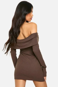 Bodycon Dresses*boohoo Wide Rib Bardot Tie Mini Dress chocolate
