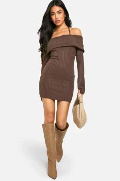 Bodycon Dresses*boohoo Wide Rib Bardot Tie Mini Dress chocolate