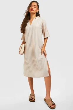 Jumper Dresses|Jumper Dresses*boohoo Wide Rib Collared Knitted Dress stone