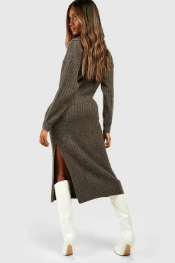 Jumper Dresses|Jumper Dresses*boohoo Wide Rib Knit Collared Soft Jumper Dress chocolate