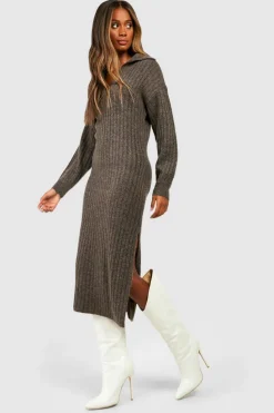 Jumper Dresses|Jumper Dresses*boohoo Wide Rib Knit Collared Soft Jumper Dress chocolate