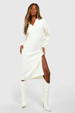 Jumper Dresses|Jumper Dresses*boohoo Wide Rib Knit Collared Soft Jumper Dress ecru