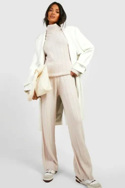 Knitted Co-Ords|Knitwear*boohoo Wide Rib Roll Neck & Trouser Knitted Co-ord stone